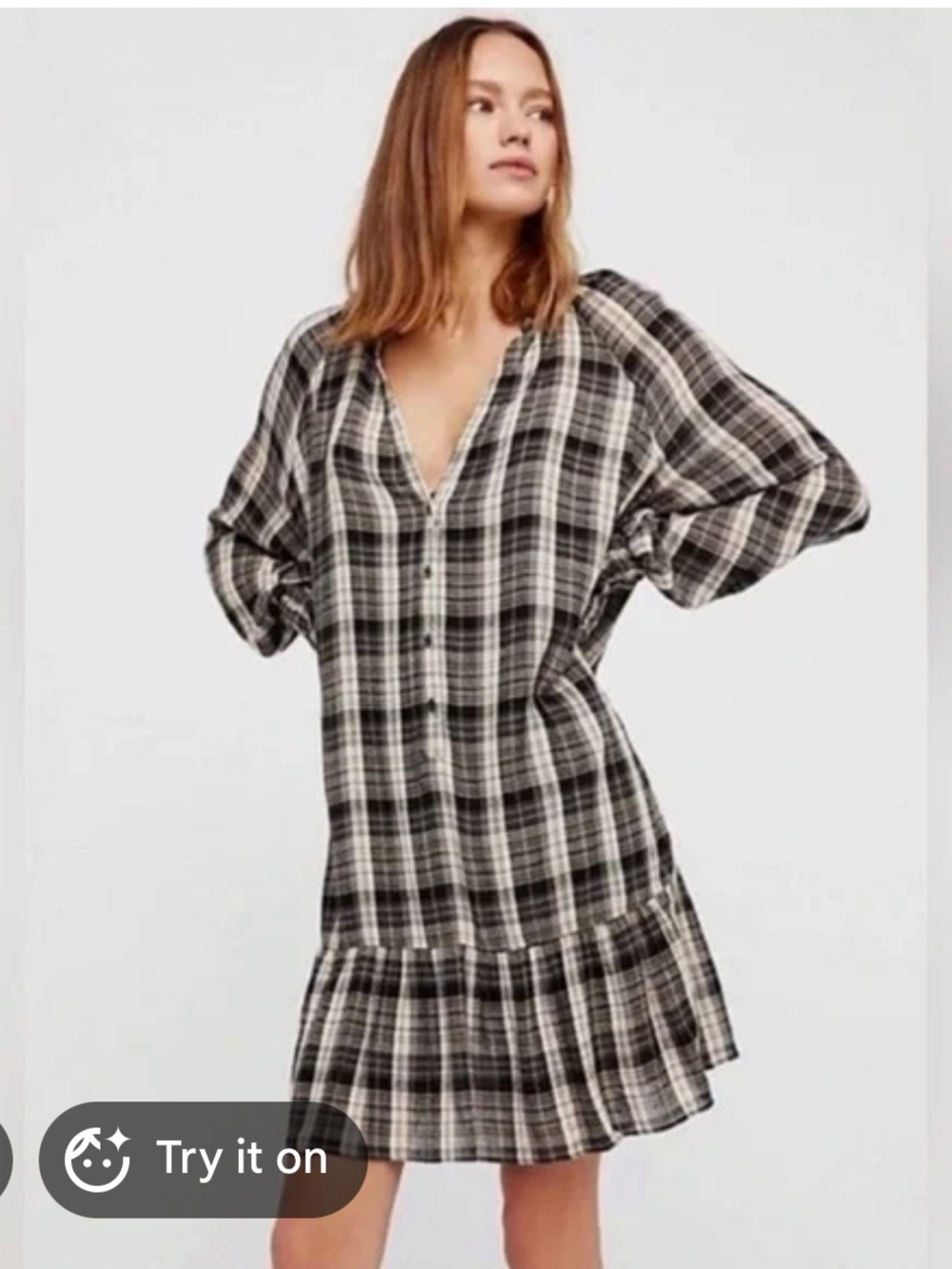 Free People Red Moon Black and Cream Plaid Tunic Dress Size XS